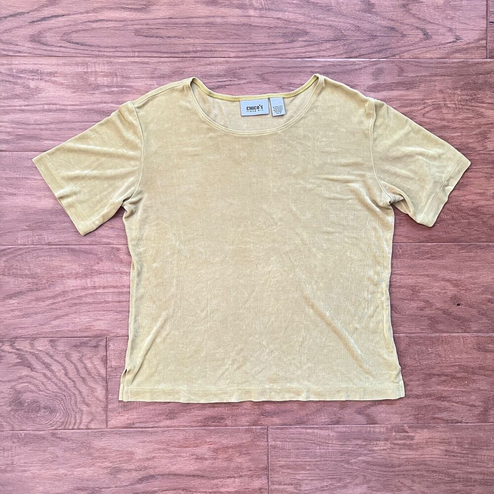 Chico's Travelers Shirt Size 2 (L/12) Yellow/Green Slinky Knit Short Sleeve